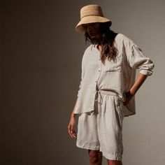 Linen Oversized Shirt in Salt Pigment | James Perse Los Angeles Linen Oversized Shirt, Crochet Bucket Hat, Dyed Linen, High Low Hem, Soft Style, Oversized Shirt, Black Stripes, Chest Pocket, High & Low