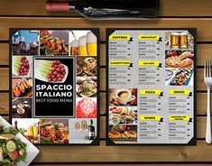 a restaurant menu is displayed on a wooden table with utensils and other items