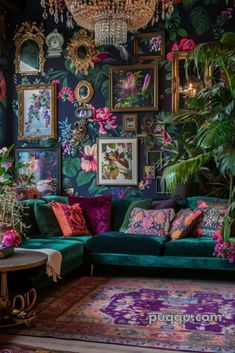 a living room filled with lots of colorful furniture and pictures on the wall above it