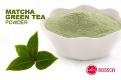 matcha green tea powder in a white bowl next to a leaf on a white background