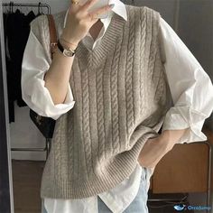 Orcajump - Loose-fit Sleeveless Knit Vest for Layering: Versatile Knitted Sweater Outerwear Sweater Vest Over Button Up, Knit Vest Outfit, University Outfits, Baggy Sweaters, University Outfit, Sleeveless Knit, Vest Outfits, Outfit Aesthetic, Feminine Outfit