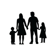 a family silhouetted against a white background holding hands and standing in front of each other