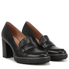 Step up your style with the Women's Naturalizer Dabney Lug Heel Loafer. Synthetic leather upper in a heeled loafer style with a moc toe. Slip on entry. Penny loafer style strap across front. Smooth lining with a padded insole. Durable rubber outsole with a 3.375" block heel. Loafer Heels, Heel Loafers, Block Heel Loafers, Famous Footwear, Penny Loafer, Boots And Sneakers, Heeled Loafers