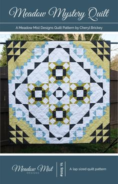 the cover of meadow mystery quilt, with an image of a circular design in yellow and blue