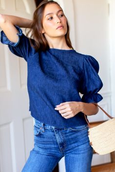 Pearl Blouse - Indigo Hemp Organic - Emerson Fry Pearl Blouse, Denim Fits, Emerson Fry, Moroccan Women, Blouson Sleeve, Denim Blouse, Spring 2023, Woman Fashion, 5 S