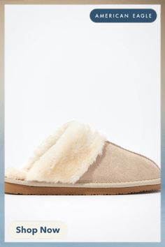 Genuine suede upper/Plush cuff/Slip-on style/Cushioned footbed/Flexible EVA outsole/Not eligible for promotions Beige Suede Slippers With Cushioned Footbed, Beige Suede Slippers With Round Toe, Beige Suede Round Toe Slippers, Casual Beige Suede Slippers, American Eagle Outfitters, Women's Jeans, American Eagle, Slippers, Women Jeans