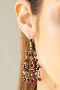 Dotted in dainty red rhinestones, stacked silver frames give way to a teardrop fringe encrusted in glassy red rhinestones, creating a refined chandelier. Earring attaches to a standard fishhook fitting. Sold as one pair of earrings. P5RE-RDXX-125XX Paparazzi Jewelry Images, Fishhook Earrings, Beautiful Dresses For Women, Silver Frames, Fish Hook Earrings, Jewelry Images, Paparazzi Accessories, Red Earrings, Empower Women