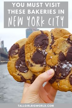 two chocolate chip cookies with the words, you must visit these bakeries in new york