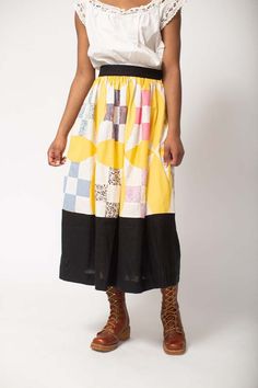 Vintage quilt and 100% linen combined into a breezy skirt with lots of styling potential. each skirt is one-of-a-kind including vintage patchwork. comfy and breathable it layers well for easy wear to make you feel like you’re taking a stroll in the park (even if you’re doing something less fun ha!). garment includes side zipper and clasp.  skirts include vintage patchwork. carleen handpicks textiles that may include wear distress marks and other signs of age intentionally as they believe this ad