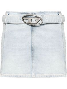 light blue cotton washed denim Oval D logo-buckle low-rise side zip fastening detachable buckle-fastening waist belt belt loops straight hem unlined thigh-length Chloe 2024, Diesel Skirts, Denim Diesel, Dress Reference, Denim Miniskirt, Diesel Denim, Bags Logo, Birthday Wishlist, Denim Branding