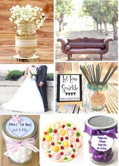 a collage of wedding pictures with flowers in vases, cake and other items