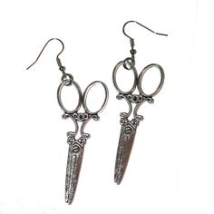 "Antiqued Scissor Earrings These measure 3\" long including hooks. Hooks are lead and nickel free." Funky Accessories Aesthetic, Scissors Earrings, Scissor Earrings, Medicine Pocket, Silly Earrings, Heart Shape Box, Funky Earrings, Earrings Antique, Funky Jewelry