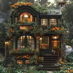 a painting of a house with flowers on the windows and steps leading up to it