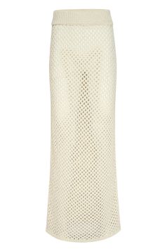 a women's white skirt with holes on the front and bottom, in an open knit