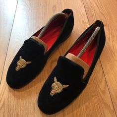 English Drinking Slippers. Made In London Designer Black Slippers With Round Toe, Designer Black Round Toe Slippers, Formal Black Slippers With Branded Insole, Designer Black Slippers With Leather Sole, Designer Formal Round Toe Slippers, London Shoes, Shoes Loafers, Designer Suits, Slip Ons