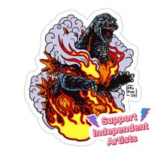 a sticker with an image of a godzilla on it's back and the words support