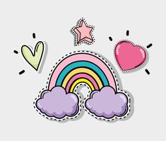 a sticker with a rainbow, stars and hearts in the sky next to it