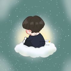 a boy sitting on top of a cloud with his head in the clouds and looking up