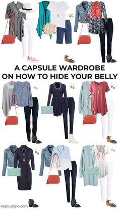 A capsule wardrobe on how to hide your belly | 40plusstyle.com Apple Body Shape Outfits, Belly Clothes, Plus Size Capsule Wardrobe, Apple Shape Outfits, Capsule Wardrobe Women, Fashion Capsule Wardrobe, Essentials List