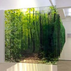 an art work is displayed in the middle of a room with white walls and green trees