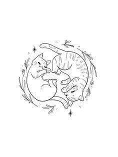 black and white drawing of two cats in a circle with stars on the side, one cat is hugging the other