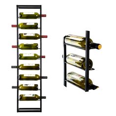 the wine rack is holding several bottles of wine and two shelves with one bottle on each side