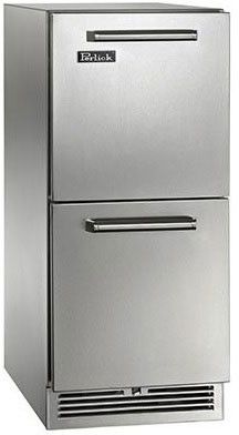 a stainless steel refrigerator freezer sitting on top of a white counter next to a drawer