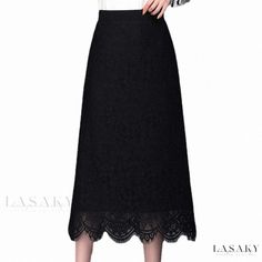 Lasaky - Black Lace Midi Skirt: High-Waisted Bodycon Skirt with a Flattering Fit Non-stretch Black Long Skirt, Black Non-stretch Long Skirt, Non-stretch Black Midi Skirt, Black Non-stretch Midi Skirt, Black Long Pencil Skirt For Spring, Long Black Pencil Skirt For Spring, Black Non-stretch Summer Pencil Skirt, Elegant Black Non-stretch Pencil Skirt, Non-stretch Black Pencil Skirt For Summer