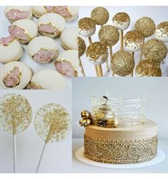 gold and white desserts, cake pops, and cupcakes are featured in this collage