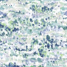 an abstract green and blue painting with trees in the background on a white wallpaper