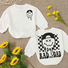 Rad Like Dad Romper- Cute Father's Day Boy Gift- Funny Retro Romper Sweatshirt - I Love My Dad Romper Gift For baby Boy  Clothes - Handmade  - Ships from USA  - Materials: 100% CPSIA Compliant and Ethically Made material Light fabric (5.0 oz/yd² (170 g/m  Crafted with soft, breathable fabric, this romper ensures your baby stays comfortable through playtimes and nap times alike. Featuring charming designs suitable for all babies, our romper is as adorable as it is practical.  Quick Sizing Tip  Ou White Long Sleeve T-shirt For Father's Day, Crew Neck Tops With Letter Print For Playtime, Playful Letter Print Tops For Fall, Playful Tops With Letter Print For Fall, White Tops With Funny Print For Playtime, White Crew Neck Top For Father's Day, Funny White Long Sleeve Tops, Father's Day White Graphic Print Top, Family Matching Graphic Print Tops For Playtime