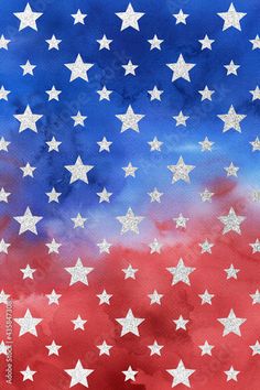 an american flag painted with white stars on blue, red and pink watercolors