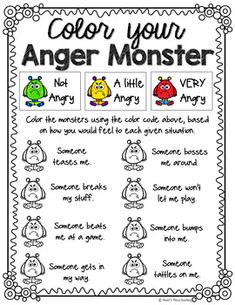 the color your anger monster poster is shown in black and white, with four different colored monsters