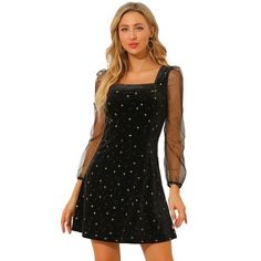 Allegra K Women's Mesh Sheer Puff Long Sleeve Square Neck Glitter Star Mini Velvet Dress Black M : Target Star Prom Dress, Velvet Dress Black, Mini Cami Dress, Puff Long Sleeves, Christmas Party Dress, Black Velvet Dress, Glitter Stars, Star Dress, Mini Velvet Dress