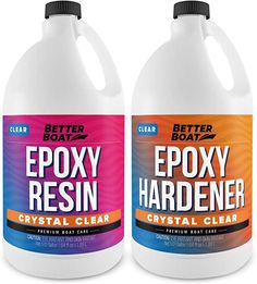 two gallon bottles of epoxy resin and crystal clear cleaner on a white background