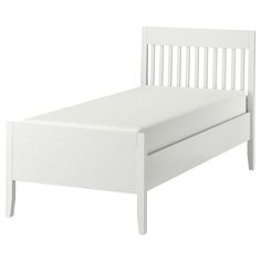 a white bed frame with no headboard and foot board is shown against a white background