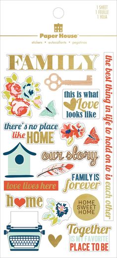 the paper house family sticker sheet is shown in various colors and designs, including flowers