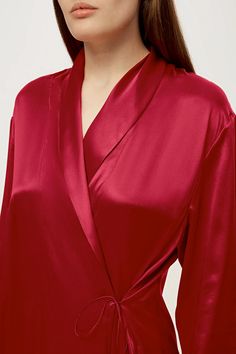 Midi silk wrap-dress a-la peignoir featuring an efforltess fit and pockets- 100% cherry red silk-satin- two pockets- self ties- tailored in Ukraine Silk Robes, Silk Wrap Dresses, Silk Robe, Silk Wrap, Red Silk, And Dresses, Cherry Red, Silk Satin, Silk Dress