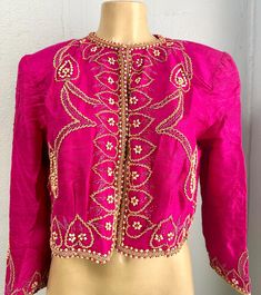 This elegant bolero jacket is handmade to perfection. This is for sure an stylish jacket for special events, parties, anniversaries, romantic dinners, red carpets, etc Glamorous Spring Wedding Blazer, Elegant Red Silk Outerwear, Winter Party Fitted Shrug, Elegant Pink Long Sleeve Cropped Jacket, Elegant Fitted Festive Blazer, Elegant Pink Outerwear For Festive Occasions, Elegant Pink Fitted Cropped Jacket, Chic Formal Blazer For Festive Occasions, Elegant Pink Festive Outerwear