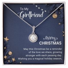 "Surprise your loved one with a timeless and elegant gift. Our dazzling Eternal Hope Necklace features a cushion cut center cubic zirconia that will sparkle with every step. The center crystal is adorned with equally brilliant CZ crystals, ensuring a stunning look every wear. Wow her by gifting her an accessory that will pair with everything in her wardrobe!   14k white gold finish over stainless steel 8mm cushion-cut center cubic zirconia crystal 1.2mm accent CZ crystals Pendant dimensions: 0.6 Crystals Pendant, Girlfriend Christmas, Hope Necklace, Christmas Gifts For Girlfriend, Luxury Boxes, Box Chain, Elegant Gift, Cushion Cut, Crystal Pendant