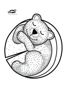 a black and white drawing of a teddy bear sitting on top of a circular object