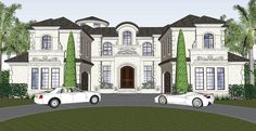 this is an artist's rendering of a luxury home with two cars parked in front