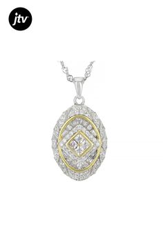 Bella Luce�� white diamond simulant 1.31ctw baguette, square, and round, rhodium and 14k yellow gold over sterling silver pendant. Includes a 18" L x 0.03" W singapore chain with a 2" extender and lobster claw clasp closure. Pendant measures approximately 1" L x 0.5" W and has a 2mm x 1mm bail. Diamond equivalent weight is 0.79ctw. Fine Jewelry With White Baguette Diamonds, Diamond White Baguette Cut Jewelry With Diamond Accents, Baguette Cut Jewelry With Pave Setting As A Gift, Baguette Cut Jewelry With Pave Setting For Gifts, Fine Jewelry With Diamond White Baguette Diamonds, Fine Jewelry With Baguette Diamonds In Diamond White, Diamond White Baguette Diamonds Fine Jewelry, Classic Sterling Silver Jewelry With Baguette Diamonds, Silver Jewelry With Baguette Diamonds In Round Cut