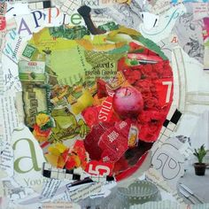 an apple surrounded by many different types of papers and other things in the background with words written on it