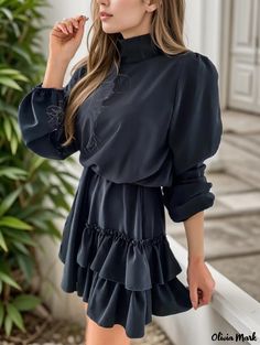 Olivia Mark - Loose-fit, Long-sleeve Solid Color Dress with Ruffled Hem Cake Dress, Long Sleeve Fitted Dress, Dress Collar, Long Sleeve Cocktail Dress, Basic Skirt, Dress Cake, Loose Fitting Dresses, Solid Color Dress, Ruffle Hem Dress