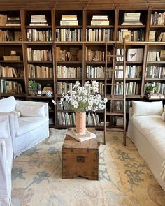 a living room filled with furniture and bookshelves full of bookcases next to each other