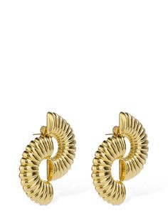 Width: 4.5cm Length: 5.5cm. 3 Micron 24kt Gold-plated brass. Post back closure Gold-tone Brass Earrings With Polished Finish, Luxury Gold-tone Brass Hoop Earrings, Formal Gold-plated Jewelry With Gold-tone Hardware, Modern Metal Earrings With Gold-tone Hardware, Luxury Brass Jewelry With Gold-tone Hardware, Gold Earrings For Formal Occasions, Luxury Gold-tone Brass Jewelry, Gold Metal Jewelry With Gold-tone Hardware, Gold Jewelry With Gold-tone Hardware In Brass