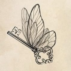 a drawing of a key with wings attached to it