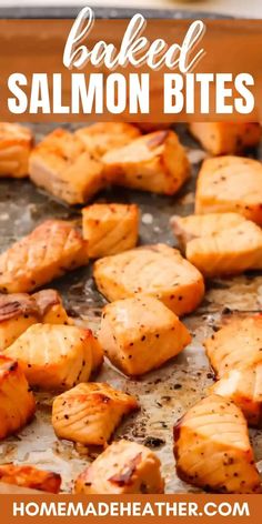 baked salmon bites on a baking sheet with text overlay