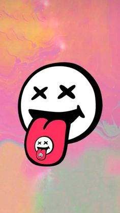 a cartoon tongue sticking out of the middle of a pink and blue background with an emoticive expression